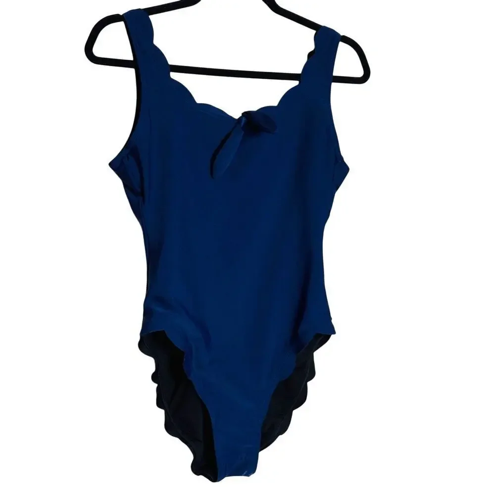 J.Crew Scalloped Trim One Piece Navy Swim Suit Size Small